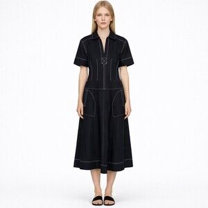 SIMKHAI Esti Contrast Stitch Cotton Blend Midi Dress Midnight Navy Blue Size 4